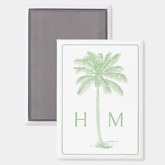 Green and White Palm Palmetto Tree Monogram マグネット (正面/裏面)