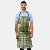 Green and White Plaid Merry Christmas Reindeer エプロン (着用した状態)