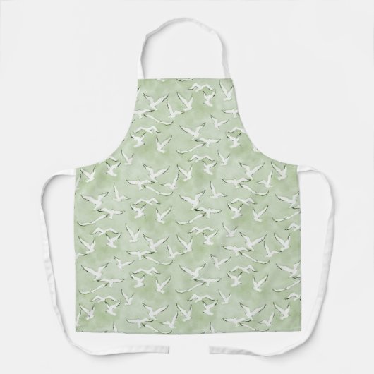Green And White Seagull Beach Bird Pattern エプロン (正面)