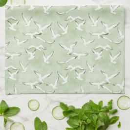 Green And White Seagull Beach Bird Pattern キッチンタオル