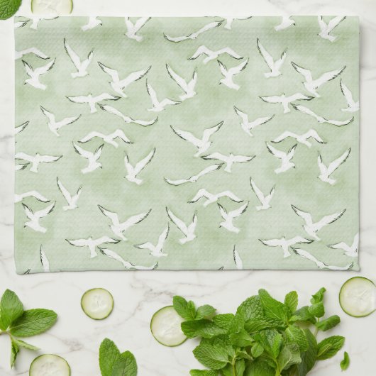 Green And White Seagull Beach Bird Pattern キッチンタオル (折り畳み)