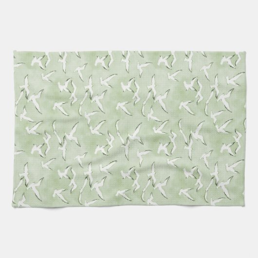 Green And White Seagull Beach Bird Pattern キッチンタオル (横)