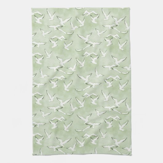 Green And White Seagull Beach Bird Pattern キッチンタオル (縦)