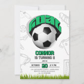 Green and White Soccer Ball Birthday Party  招待状 (正面)