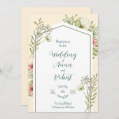 Green And White Wildflowers Geometric Wedding 招待状 (正面/裏面)