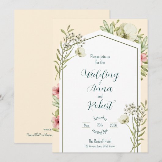 Green And White Wildflowers Geometric Wedding 招待状 (正面/裏面)