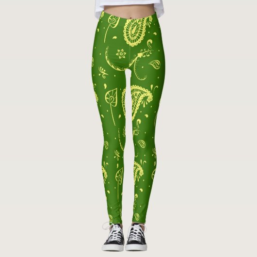 Green And Yellow Kalka Print Women's Leggings レギンス (正面)