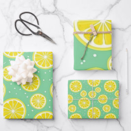Green and Yellow Lemon Pattern ラッピングペーパーシート