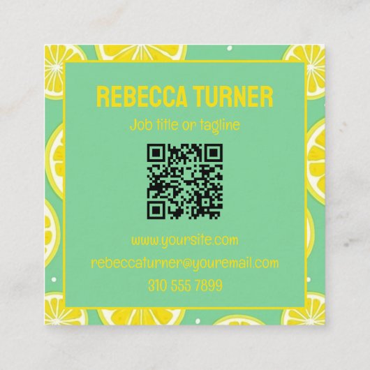 Green and Yellow Lemon Slice Pattern, QR Code スクエア名刺 (裏面)