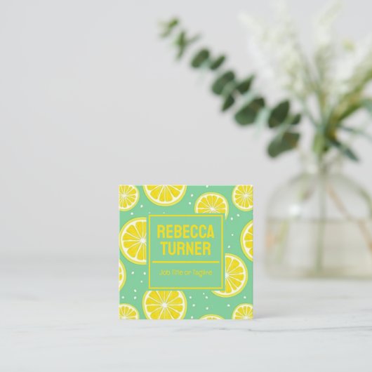 Green and Yellow Lemon Slice Pattern, QR Code スクエア名刺 (スタンド正面)