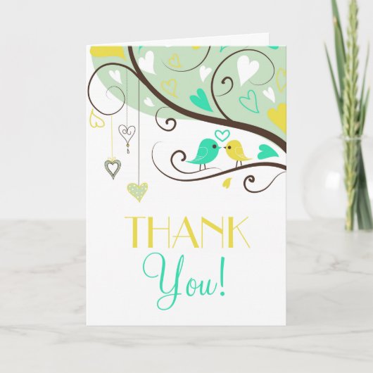 Green and Yellow Lovebirds Wedding Thank You Card サンキューカード (正面)