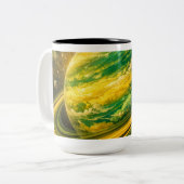 Green and Yellow Planet with Rings ツートーンマグカップ (正面左)