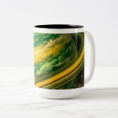 Green and Yellow Planet with Rings ツートーンマグカップ (正面右)