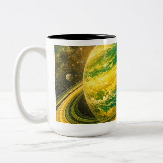 Green and Yellow Planet with Rings ツートーンマグカップ (左)