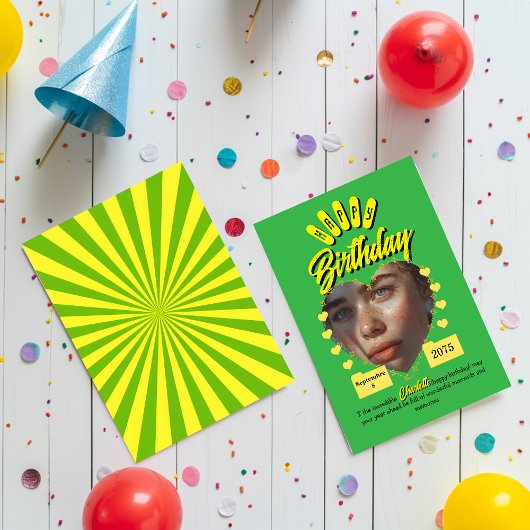 Green and Yellow Retro Birthday Greetings,vintage  箔招待状