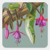 Green anole with Fuchsias  スクエアシール (正面)