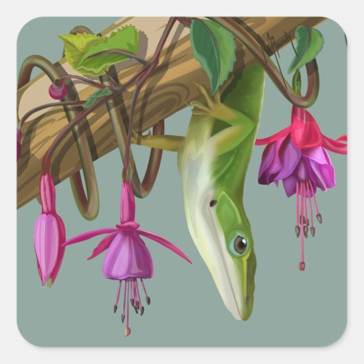 Green anole with Fuchsias  スクエアシール (正面)