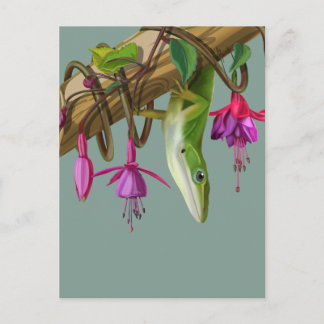 Green anole with Fuchsias  ポストカード