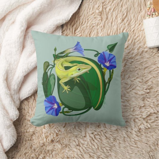 Green Anole with Morning Glory  クッション (ブランケット)