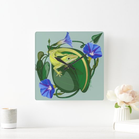 Green Anole with Morning Glory  スクエア壁時計 (ホーム)