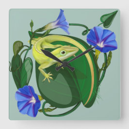 Green Anole with Morning Glory  スクエア壁時計