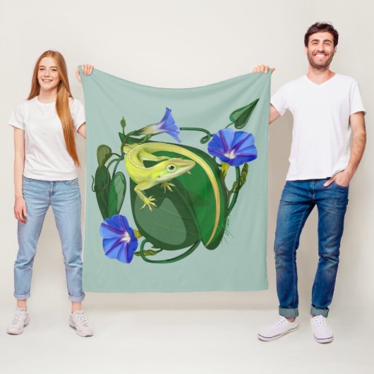 Green Anole with Morning Glory フリースブランケット (インサイチュ)