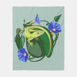 Green Anole with Morning Glory  フリースブランケット