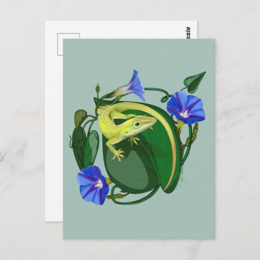 Green Anole with Morning Glory  ポストカード (正面/裏面)