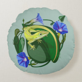Green Anole with Morning Glory ラウンドクッション