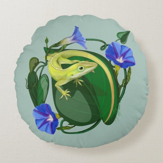 Green Anole with Morning Glory ラウンドクッション (正面)