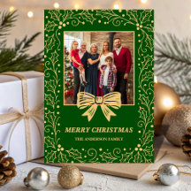 Green & Antique-Gold Bow Family Christmas Photo