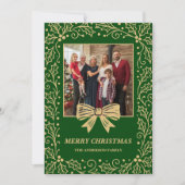 Green & Antique-Gold Bow Family Christmas Photo シーズンカード (正面)