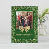 Green & Antique-Gold Bow Family Christmas Photo シーズンカード (スタンド正面)