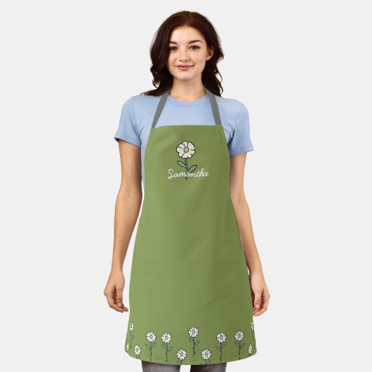 Green Apron for Women with Daisies エプロン (着用した状態)