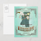 Green Aqua Save The Date -MS Map With Lovely Birds 案内ポストカード (正面/裏面)