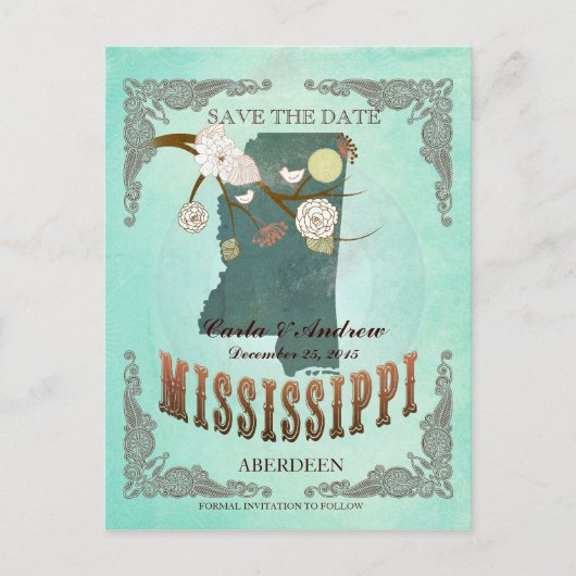 Green Aqua Save The Date -MS Map With Lovely Birds 案内ポストカード (正面)
