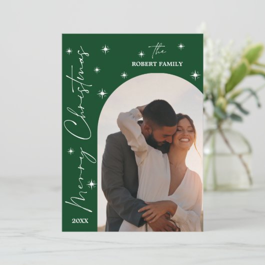 Green Arch Modern Script 2 Photo Merry Christmas シーズンカード (スタンド正面)