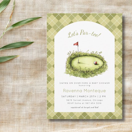 Green Argyle Golf Hole Lets Par Tee Baby Shower 招待状