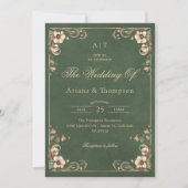 Green Art Nouveau Vintage Floral Wedding 招待状 (正面)