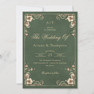 Green Art Nouveau Vintage Floral Wedding 招待状