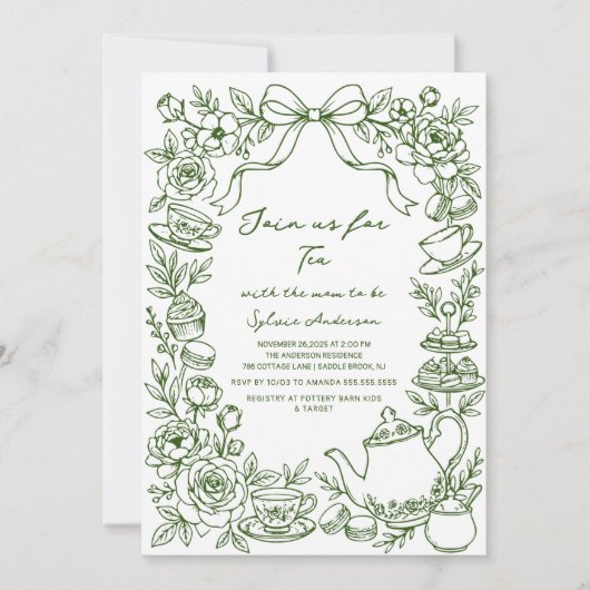 green baby shower tea bow hand drawn 招待状 (正面)