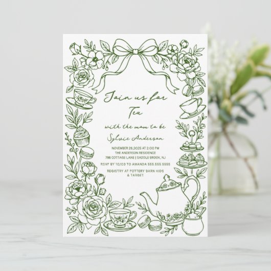 green baby shower tea bow hand drawn 招待状 (スタンド正面)