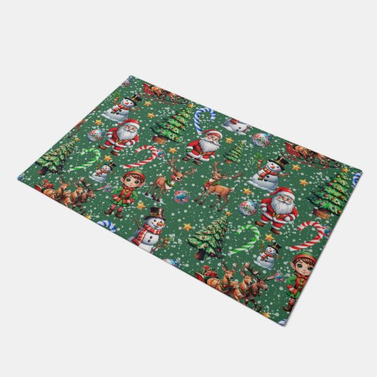 Green Background Christmas Decorative Pattern ドアマット (アングル)