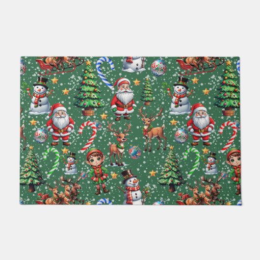 Green Background Christmas Decorative Pattern ドアマット (正面)
