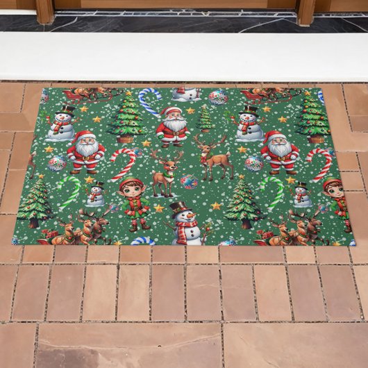 Green Background Christmas Decorative Pattern ドアマット