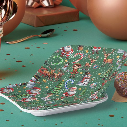 Green Background Christmas Decorative Pattern ペーパープレート