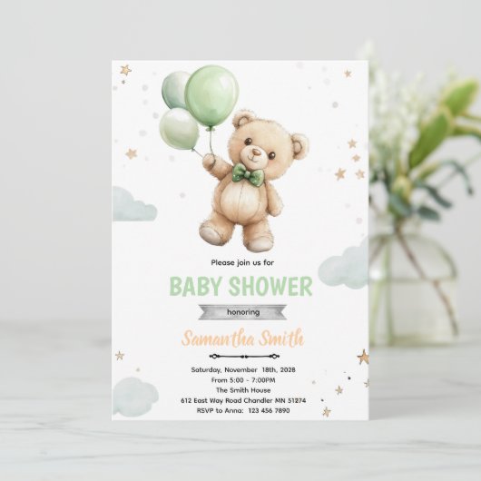 Green balloon bear baby shower invitation 招待状 (スタンド正面)