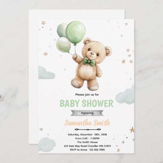Green balloon bear baby shower invitation 招待状 (正面/裏面)