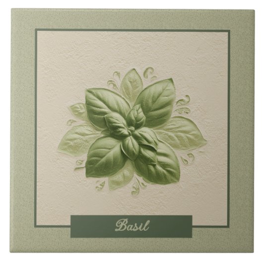 Green Basil Herb Kitchen Faux Relief タイル (正面)