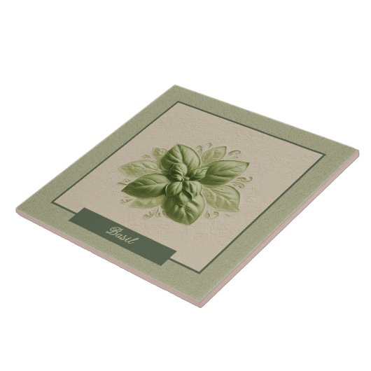 Green Basil Herb Kitchen Faux Relief タイル (側面)